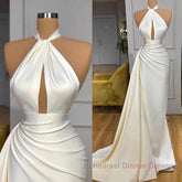 High Neck Satin Ivory Keyhole Ruched Semi Formal Prom Dress
